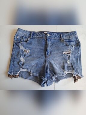 Ripped Mid-Rise Denim Shorts in Blue with Leopard Trim